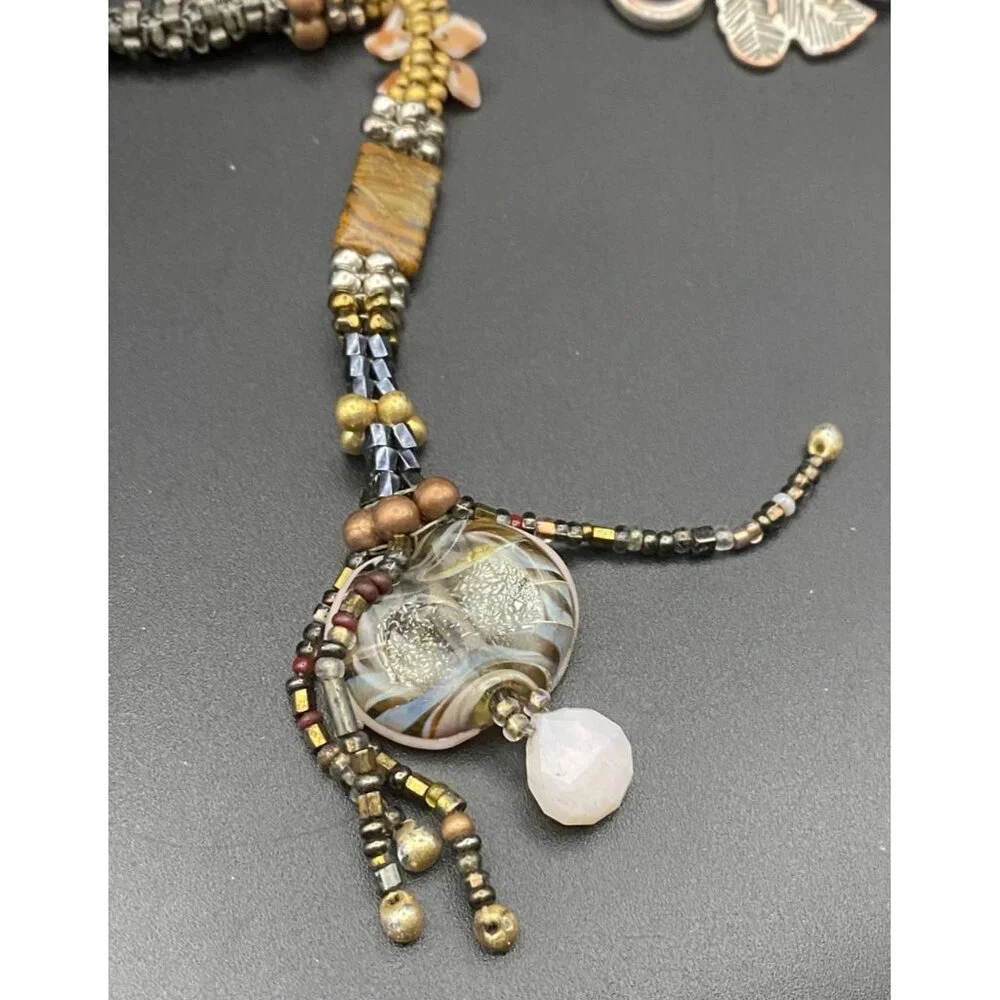 Artisan  Necklace Boho Natural Stone Shell Glass Bead Antiqued Bronze Toggle 38" - Picture 6 of 13
